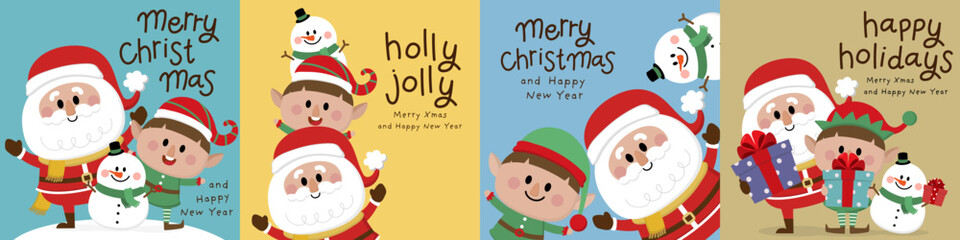Merry Christmas and happy new year with Santa Claus, snowman, little elf and deer. Holiday cartoon character in winter season. -Vector