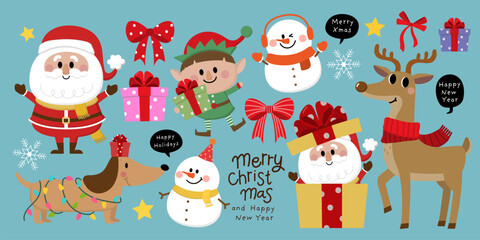 Merry Christmas and happy new year with Santa Claus, snowman, little elf and deer. Holiday cartoon character in winter season. -Vector