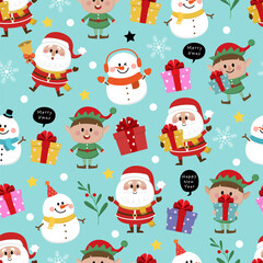 Cute little elf and snowman seamless pattern and background. Christmas holidays cartoon collection. 