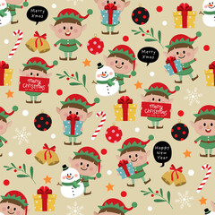 Cute little elf and snowman seamless pattern and background. Christmas holidays cartoon collection. 