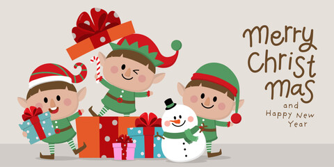 Cute little elf and snowman character set. Christmas holidays cartoon collection. 