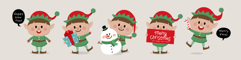 Cute little elf and snowman character set. Christmas holidays cartoon collection.  © Dusida
