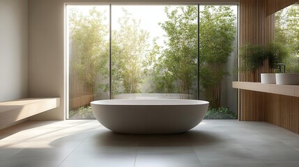 Fototapeta premium Minimalist spa bathroom with natural light and bamboo elements, Self-care, Tranquility