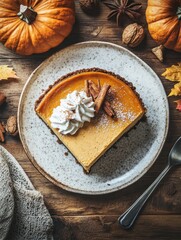 Fototapeta premium A slice of pumpkin pie with whipped cream and cinnamon on top