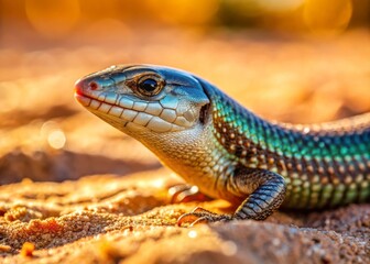 Fototapeta premium Close-up of a worm lizard with segmented body and shiny scales on sand in the sun