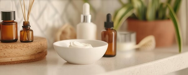Skincare routine with organic creams and oils on a bathroom counter, Organic skincare, Self-care