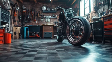 Fototapete Motorrad A motorcycle is parked in a garage with a lot of tools and equipment  © K silver