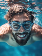 Fototapeta premium A man is smiling while wearing goggles and swimming in a pool