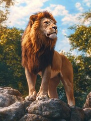 Naklejka premium A lion stands on a rock in a forest