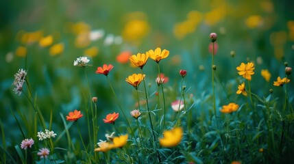 Wildflowers in a lush meadow, caught in the sway of a gentle wind, Botanical