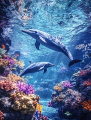 Fototapeta premium Two dolphins swimming in a coral reef