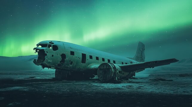 A crashed airplane is sitting on the ground in a desolate area