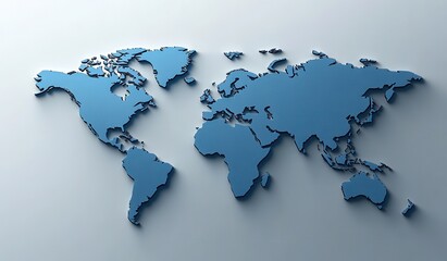 Blue world map on gray background showcasing continents with modern design and subtle shadow effect