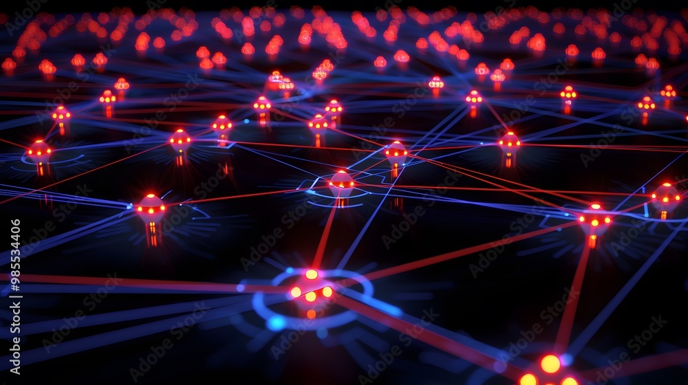 Poster a visual map of glowing nodes connected by lines, representing common design patterns like singleton