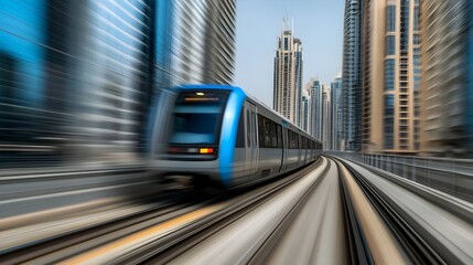 A dynamic view of a modern train speeding through a futuristic cityscape, highlighting urban transportation and architecture.