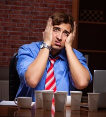 Young employee drinking coffee working at night shift