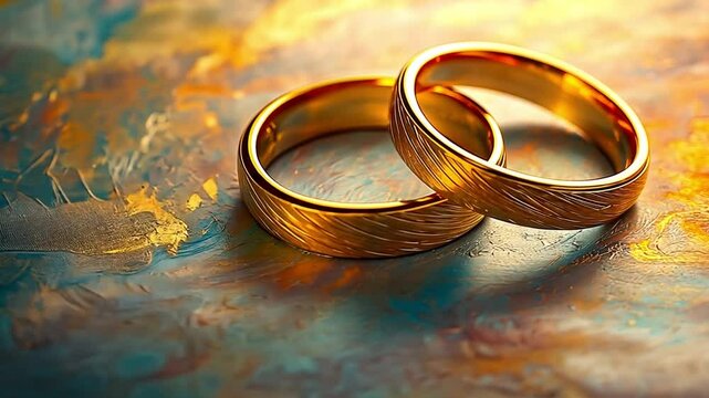 gold wedding rings set against a surreal backdrop