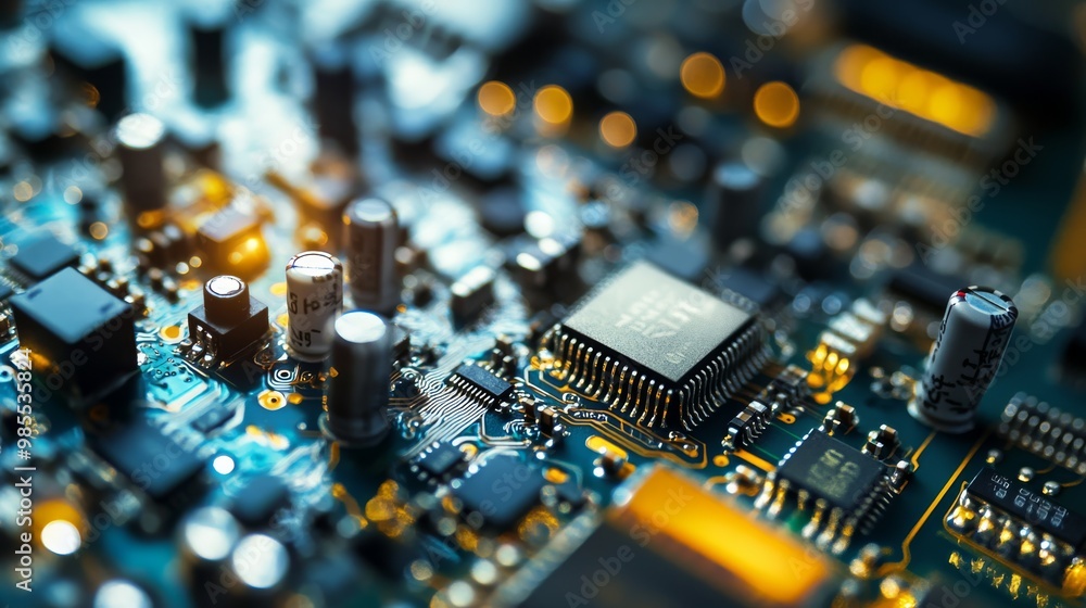 Poster an intricate circuit board is highlighted, showcasing a variety of electronic components in sharp de