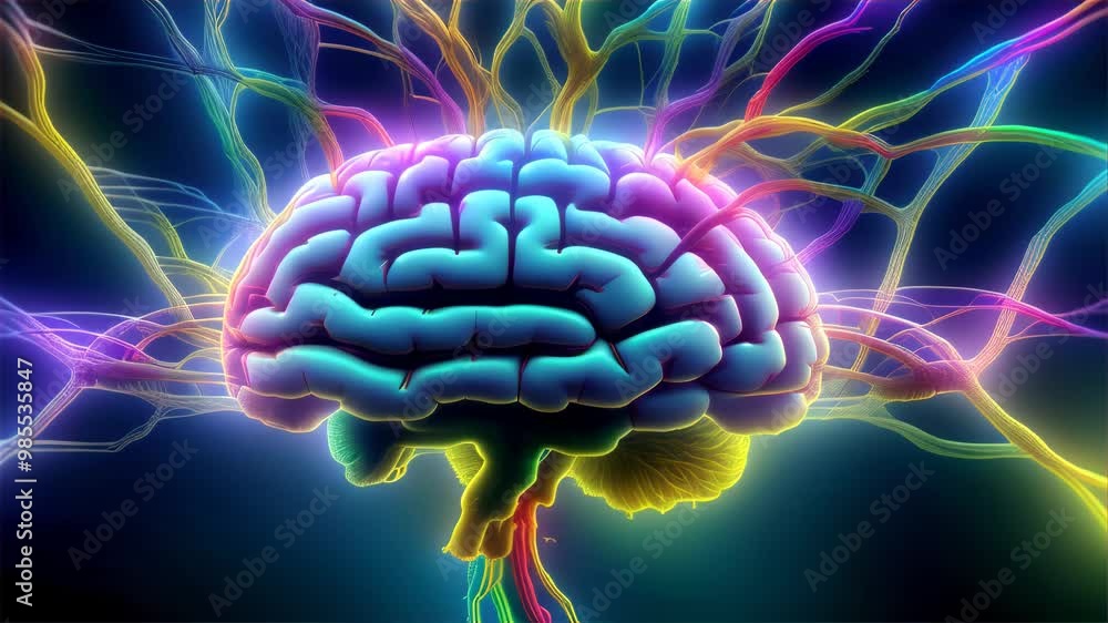 Poster realistic 3d model of human brain with colorful glowing neurons, representing the power of the mind.