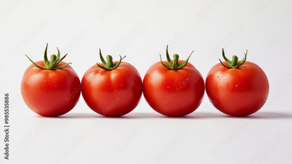 Poster a set of four freshly picked ripe red tomatoes is displayed in a neat line against a clean white bac