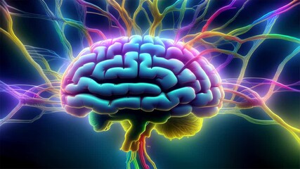 Realistic 3D model of human brain with colorful glowing neurons, representing the power of the mind.. AI Generation