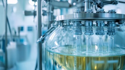 This bioreactor showcases a sterile laboratory setup, designed for microbial fermentation, featuring clear liquid and precision equipment in a clean, modern environment