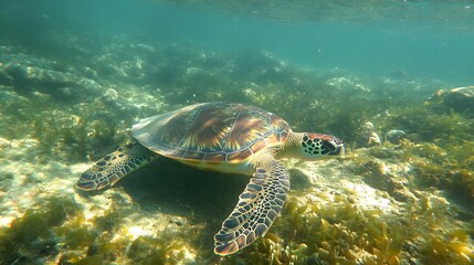 A graceful sea turtle swims through vibrant underwater vegetation, showcasing the beauty of marine life and coral ecosystems.