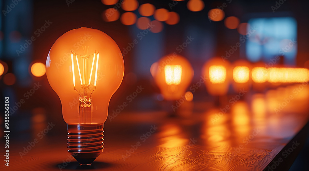 Poster multiple used light bulbs arranged on a desk, with only one bulb emitting light. the background blur