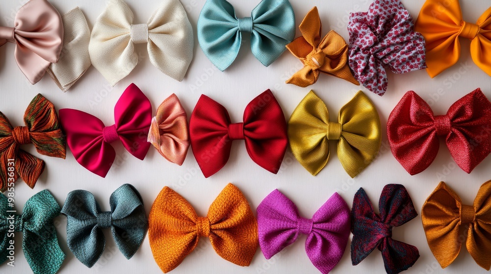 Poster a collection of colorful bows in multiple sizes and patterns is neatly arranged, highlighting a vari