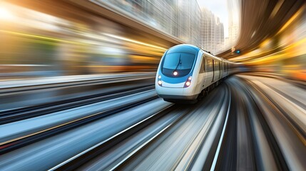 Obraz premium A high-speed train glides through a cityscape, exemplifying modern transportation and urban development in motion.