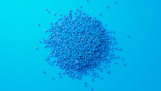 Closeup top view on blue plastic polypropylene granules heap centered on blue backdrop, masterbatch polymer grain pile. HDPE or PVC resin pellets. 3d render illustration