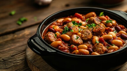 Fototapeta premium A delicious sausage and beans casserole is simmering in rich tomato sauce, garnished with fresh herbs, presented in a black bowl on a rustic wooden table