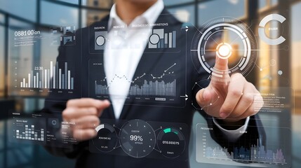 Corporate person interacting with a digital futuristic interface featuring data analytics, charts, financial growth trends, and network connectivity symbols.