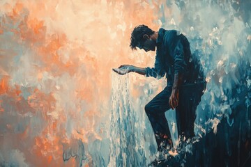 Obraz premium A painting of a man droping water on the top