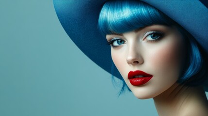 Striking blue hair contrasts beautifully with bold red lipstick as a woman poses elegantly in a closeup view, showcasing her stylish blue hat and captivating features