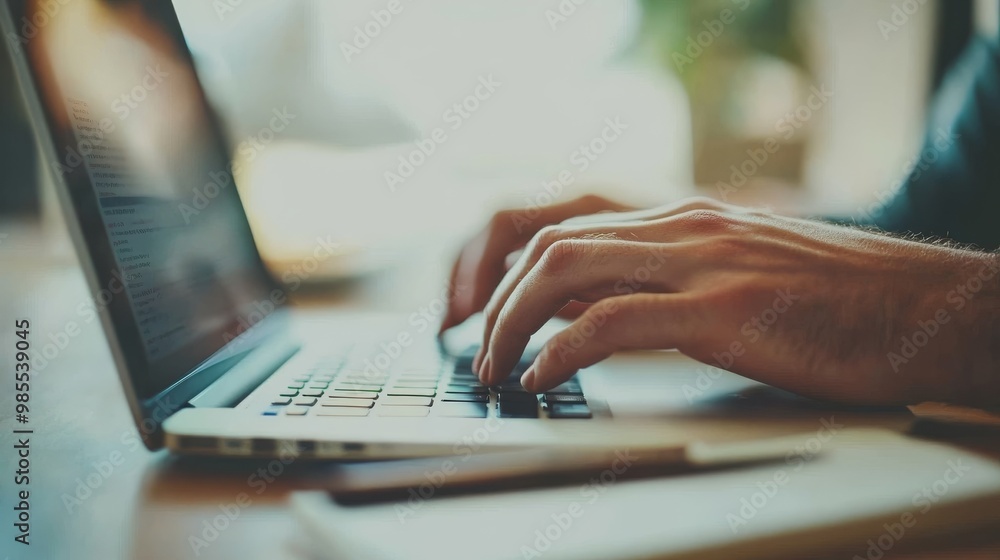 Poster hands move rapidly over a laptop keyboard in a contemporary office setting, with a notebook and stat