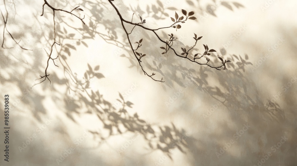 Poster the soft shadow of a tree branch, adorned with leaves, casts intricate patterns against a neutral ba