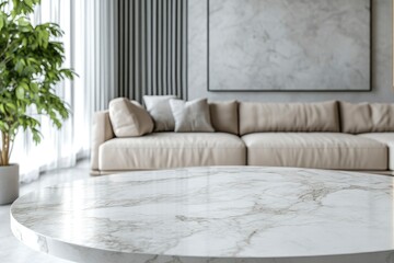 Copy space on a neutral marble table in a modern bight living room with a large comfy couch. with generative ai