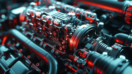 Vibrant machine engine showcasing stunning 3D components, top view, emphasizing detailed engineering, advanced tone, Complementary Color Scheme
