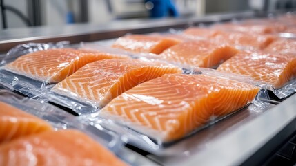 Vacuum-sealed salmon fillets are neatly arranged on a conveyor belt in a food processing facility, highlighting the freshness and cleanliness of the operation