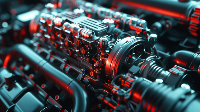 Vibrant machine engine showcasing stunning 3D components, top view, emphasizing detailed engineering, advanced tone, Complementary Color Scheme