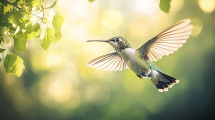 A hummingbird hovers elegantly in midair, its wings slightly blurred to illustrate swift movement against a backdrop of soft, natural lighting and green leaves