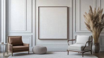 3D rendering of a modern, inviting living room with decorative furniture and an empty canvas frame against a white textured wall, showcasing a contemporary and adaptable space