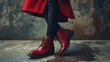 The individual dons a vibrant red overcoat paired with coordinating footwear, creating a stylish look in a textured urban setting. The scene emphasizes bold fashion choices