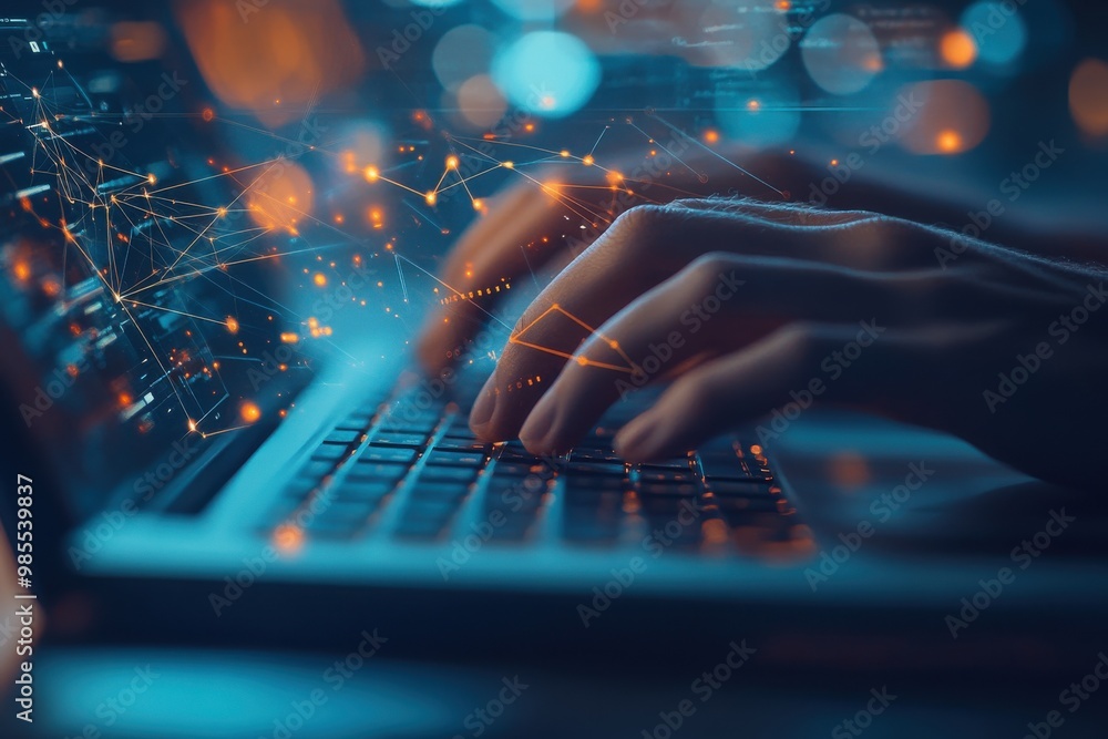 Poster close-up of hands typing on a computer keyboard with digital network overlay, showcasing technology 