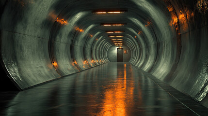 A futuristic, illuminated tunnel showcasing a sleek metallic design and reflective floor, perfect for sci-fi themed projects.