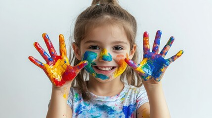 Child with a rainbow of paint on her hands smiles against a solid white background. Artistic Mess and Playful Creativity for children