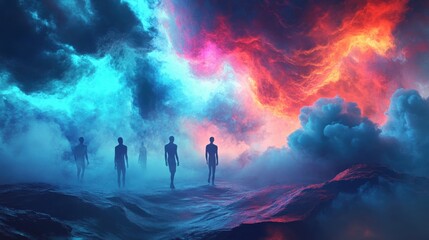 Digital artwork featuring skulls seamlessly integrated into a dreamy landscape, with soft, glowing hues and whimsical elements that give the scene a surreal, ethereal quality