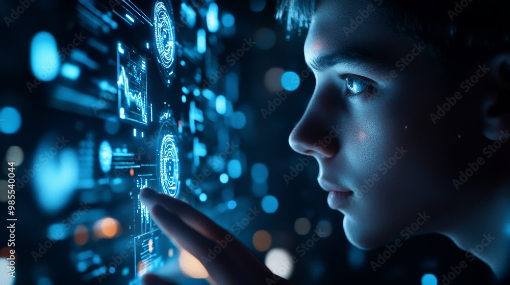 Poster a young person engages with a vibrant display featuring holographic icons and interactive graphs, sh
