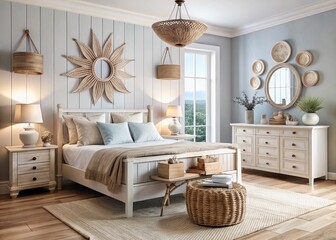 Obraz premium Coastal-themed bedroom with whitewashed furniture, woven accents, and seashell-shaped decorations